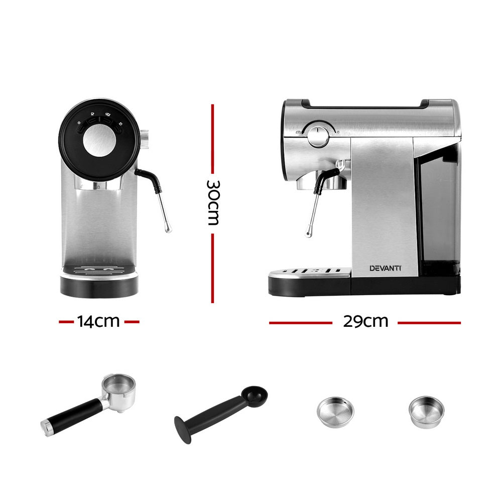 Devanti 20 Bar Espresso Coffee Machine with accessories, showing front and side views, includes filters and dual tamper/spoon.