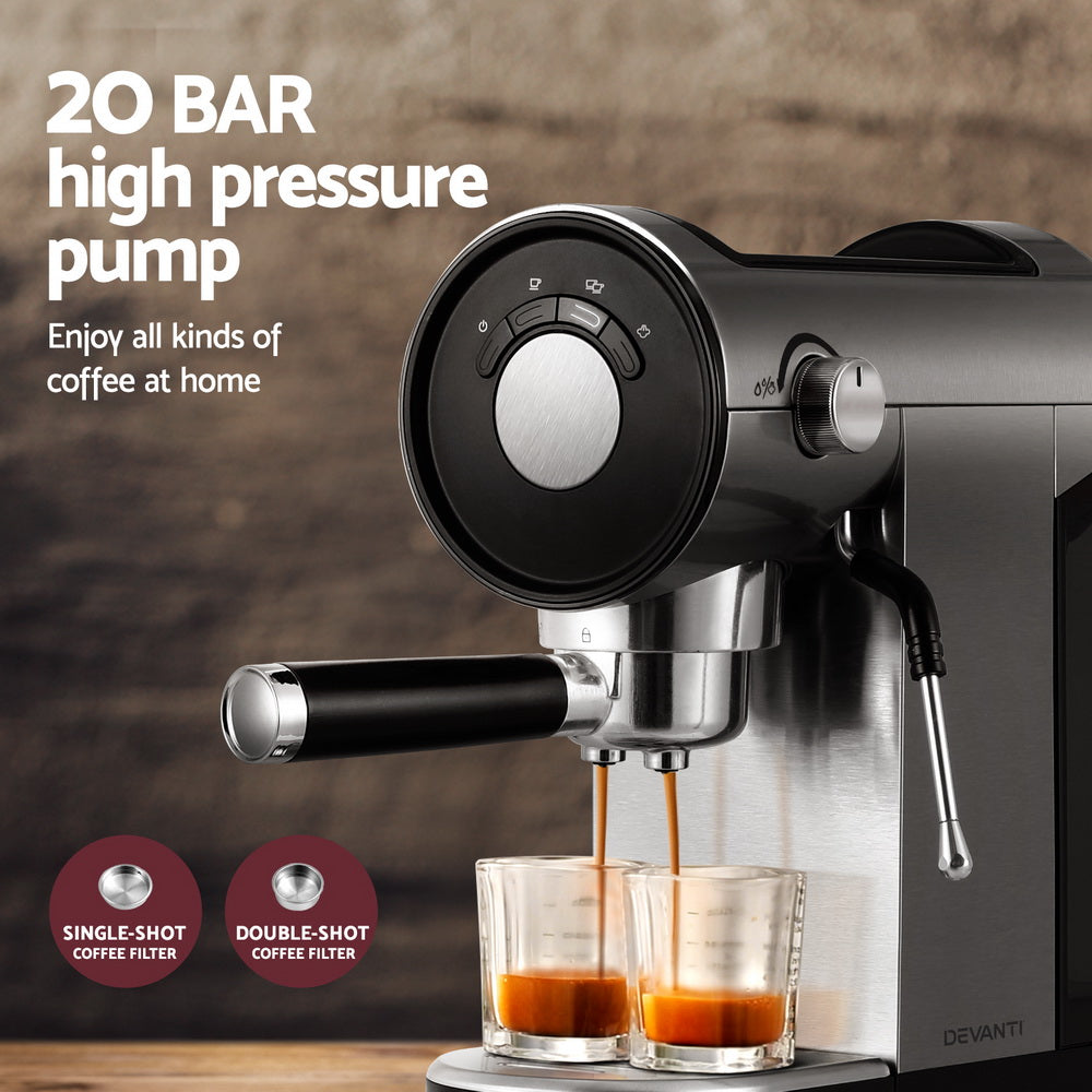 Devanti 20 Bar Espresso Coffee Machine pouring two espresso shots with dual coffee filters and high-pressure pump.