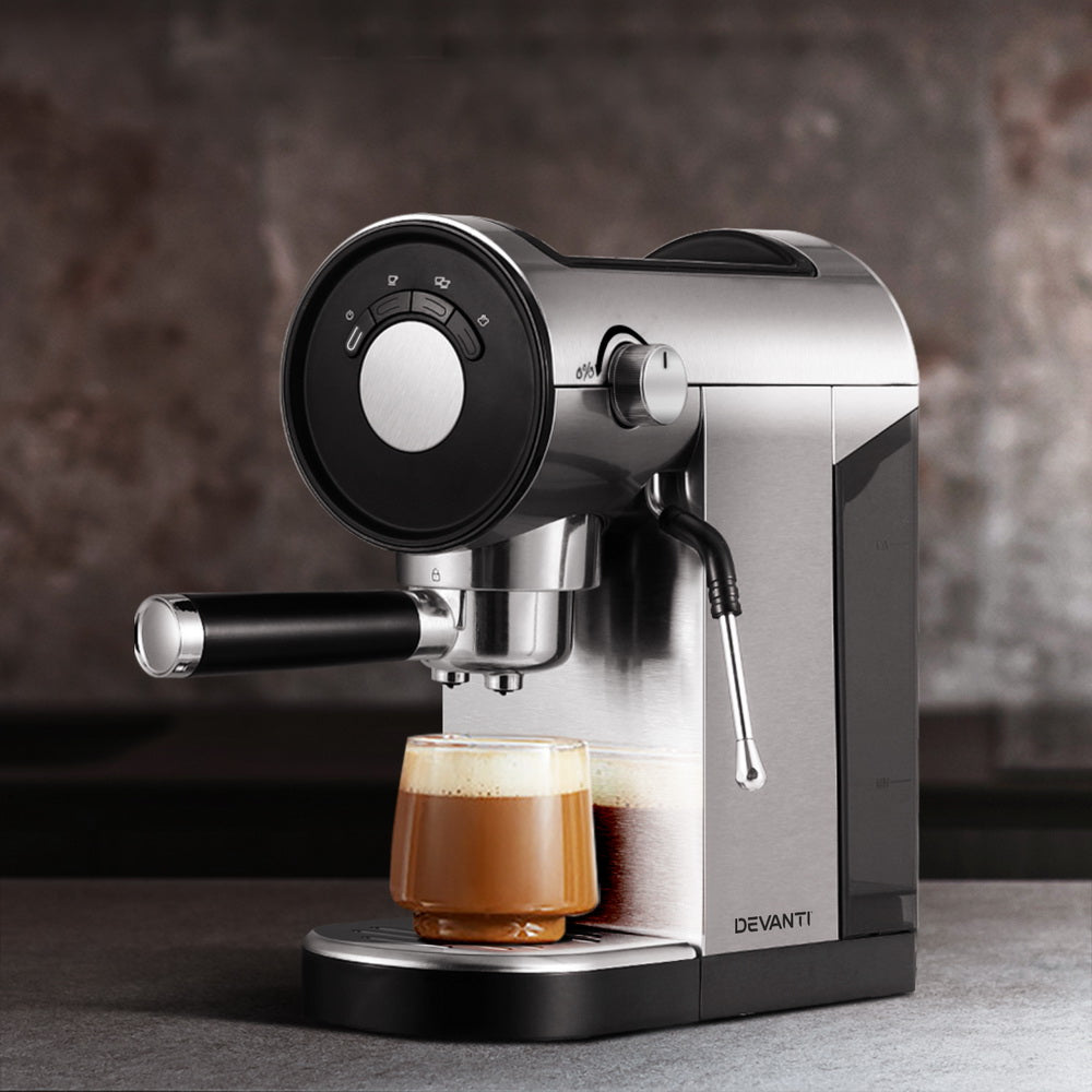 Devanti 20 Bar Coffee Machine making espresso, featuring powerful pump and sleek design for perfect cups every time.