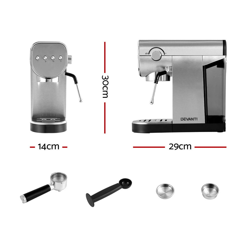 Devanti 20 Bar Coffee Machine with accessories including portafilter, tamper, single and double-shot filters for perfect espresso.