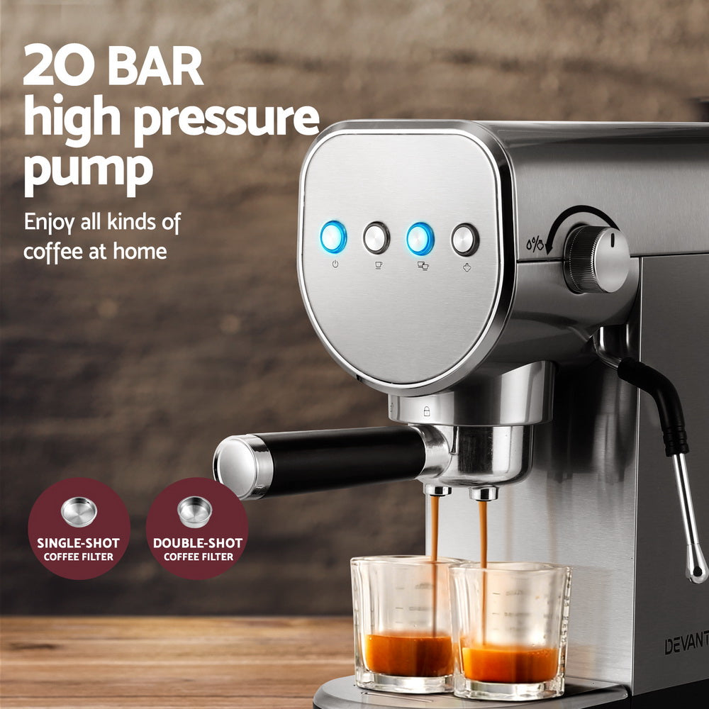 Devanti 20 Bar Espresso Machine with coffee pouring, featuring single and double-shot filters, powerful for perfect coffee shots.