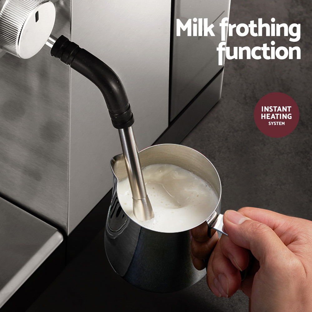 Using the Devanti 20 Bar Coffee Machine's milk frothing function with instant heating system for perfect coffee.