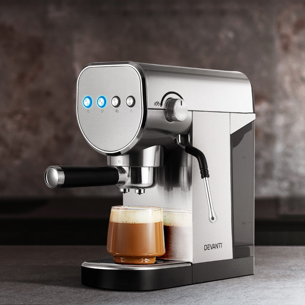 Devanti 20 Bar Espresso Coffee Machine brewing coffee, featuring easy-to-use controls and a sleek aluminum design.