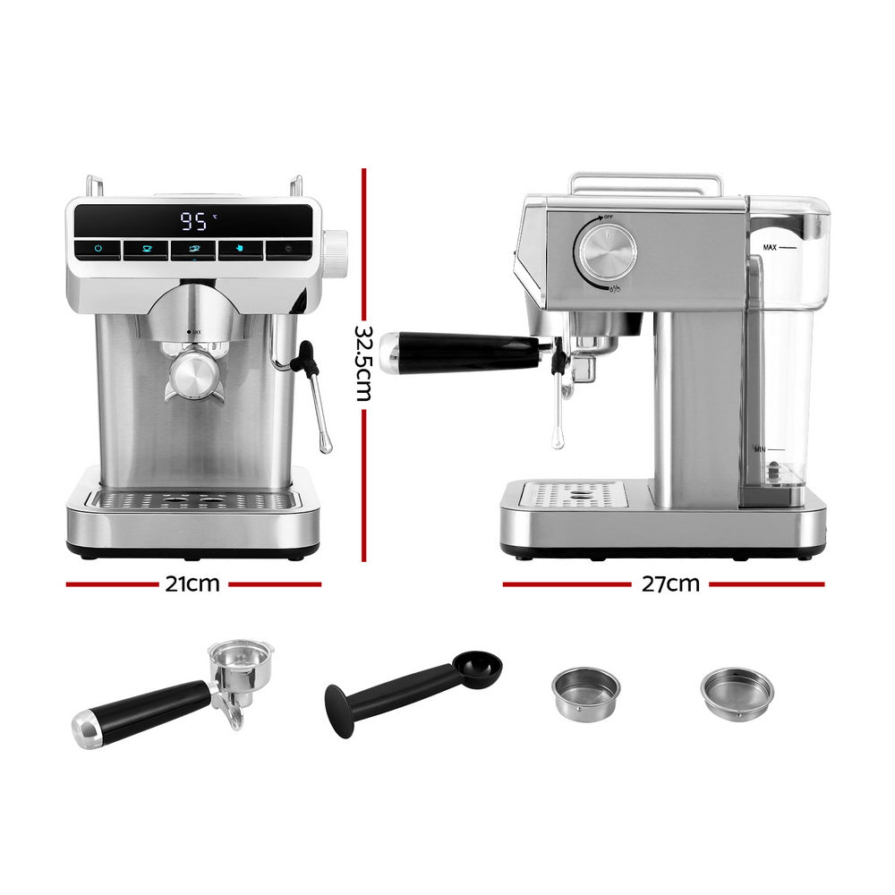 Devanti 20 Bar Espresso Coffee Machine with accessories, including portafilter, tamper, and filters. Front and side views shown.