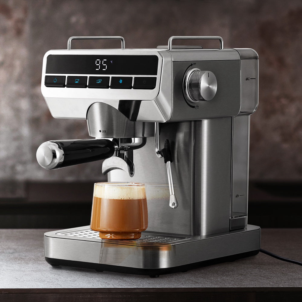 Devanti 20 Bar Coffee Machine Espresso Maker brewing a fresh cup of coffee with sleek design and easy-to-use controls.