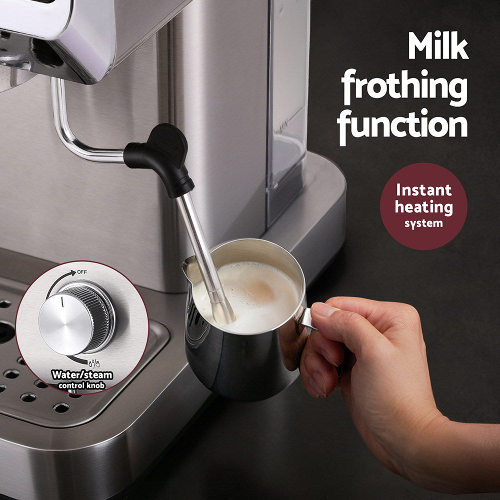 Person using Devanti Coffee Machine with milk frothing function and instant heating system, featuring water/steam control knob.