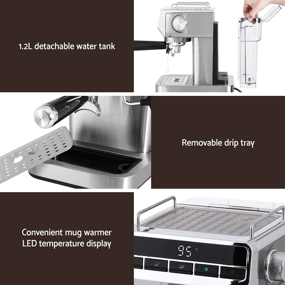 Devanti 20 Bar Coffee Machine features detachable water tank, removable drip tray, and LED mug warmer for perfect espresso making.