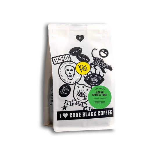 Package of Ethiopia Adnan Natural Special Prep Espresso, single-origin coffee with unique design, labeled 'I Love Code Black Coffee.'