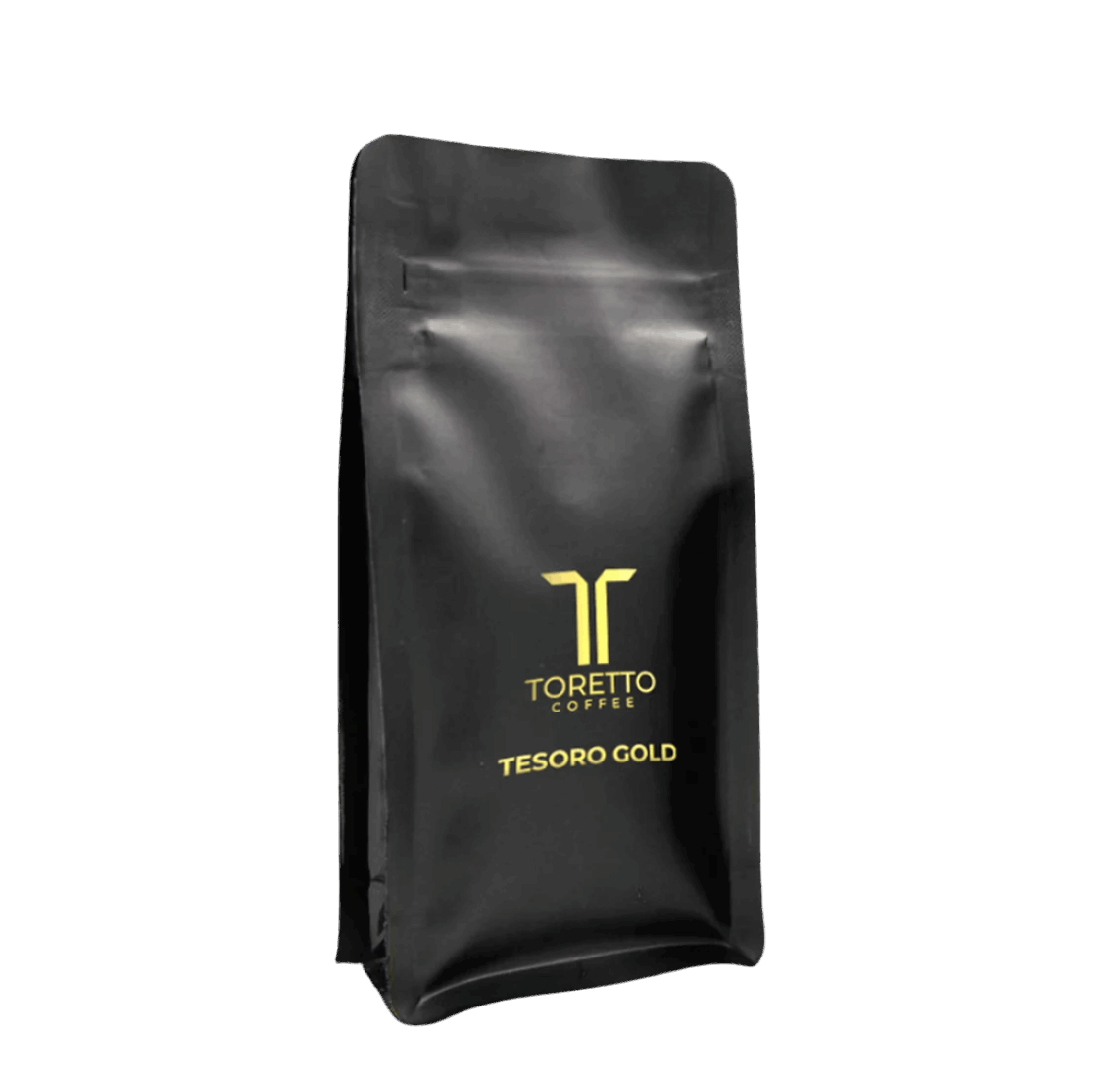 Package of Tesoro Gold coffee with notes of chocolate, caramel, and plum, promising a luxurious and bold coffee experience.