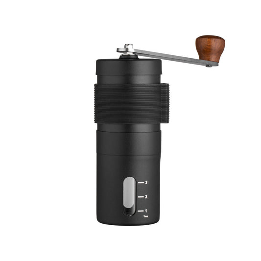 Black portable stainless steel coffee grinder with manual hand-crank and heavy-duty burrs for fresh coffee beans.