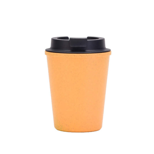 Yellow 350ml wheat straw coffee cup with black lid, eco-friendly and lightweight, ideal for hot and cold beverages.