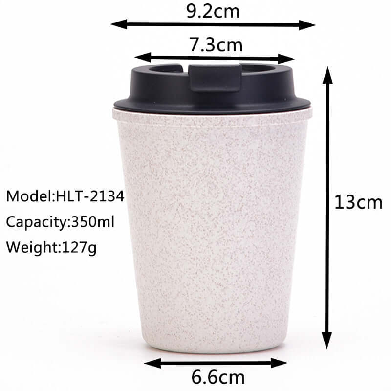 Yellow 350ml wheat straw coffee cup with black lid, eco-friendly and lightweight, dimensions and capacity shown