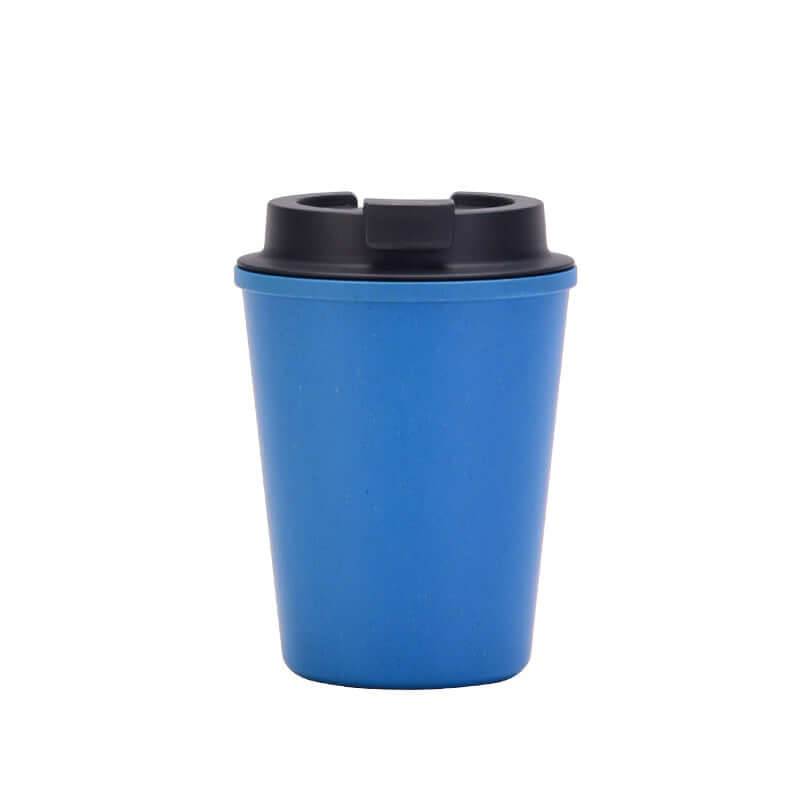 Blue 350ml wheat straw coffee cup with lid, eco-friendly and lightweight design for sustainable beverage enjoyment.