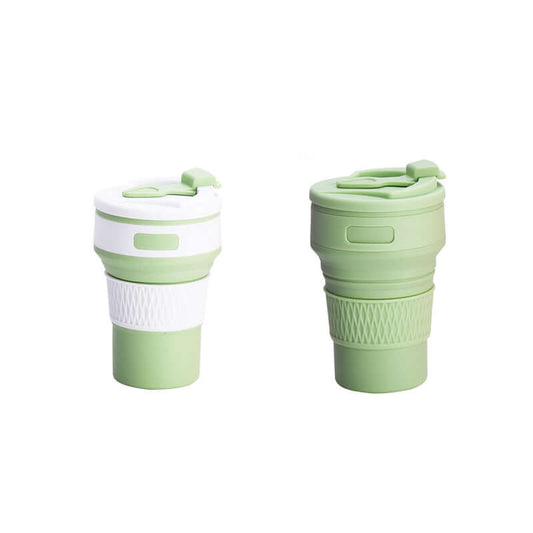 Green collapsible silicone coffee cups, portable and eco-friendly, ideal for travel, microwave and freezer safe for hot and cold beverages.