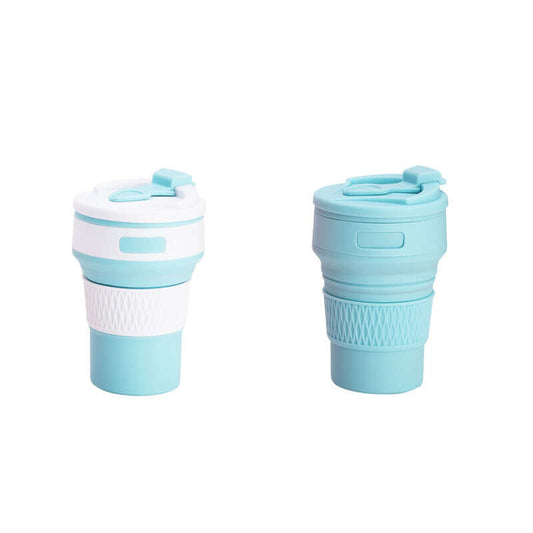 Two blue collapsible silicone coffee cups, portable and eco-friendly, ideal for travel and compatible with microwave and freezer.