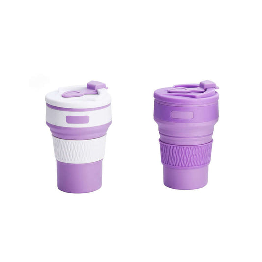 Purple collapsible silicone coffee cups, portable and eco-friendly, perfect for hot or cold beverages on the go.