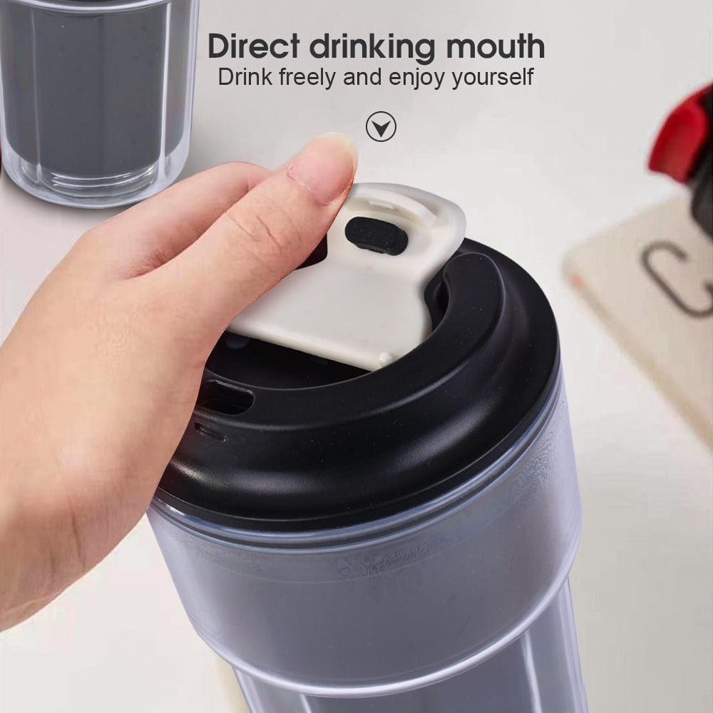 Hand opening 460ml black insulated coffee cup with direct drinking mouth, highlighting leak-proof design for hot or cold beverages.