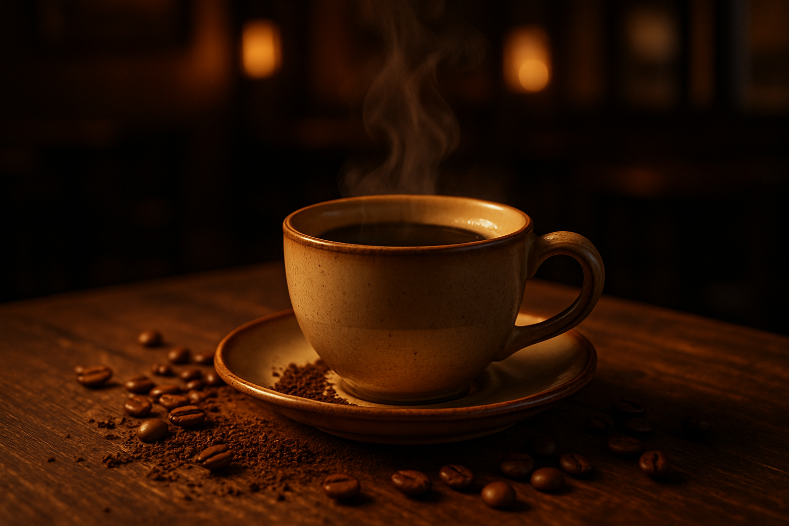 coffee cup surrounded by grinds and whole beans in a dark, warmly lit cafe
