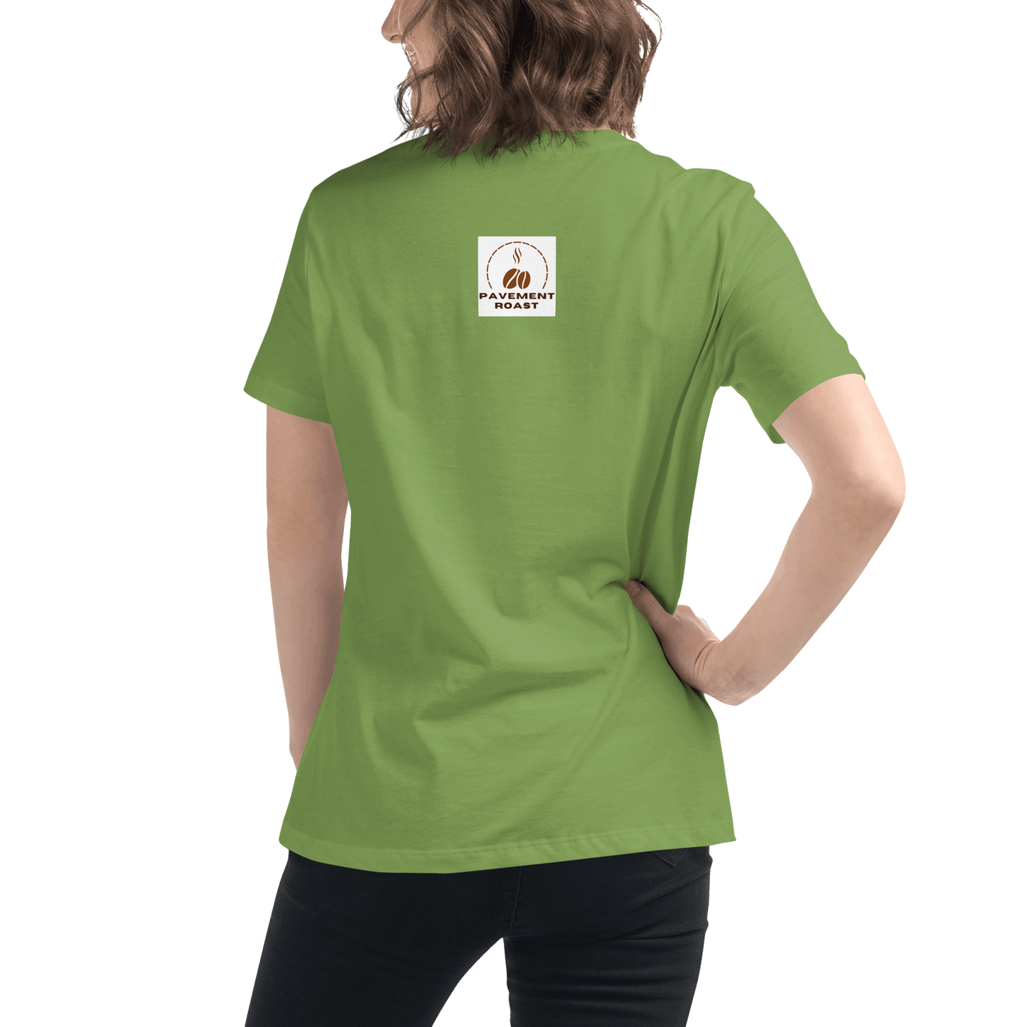 Woman wearing green relaxed fit t-shirt with back logo, embodying comfort and style, highlighting coffee theme.