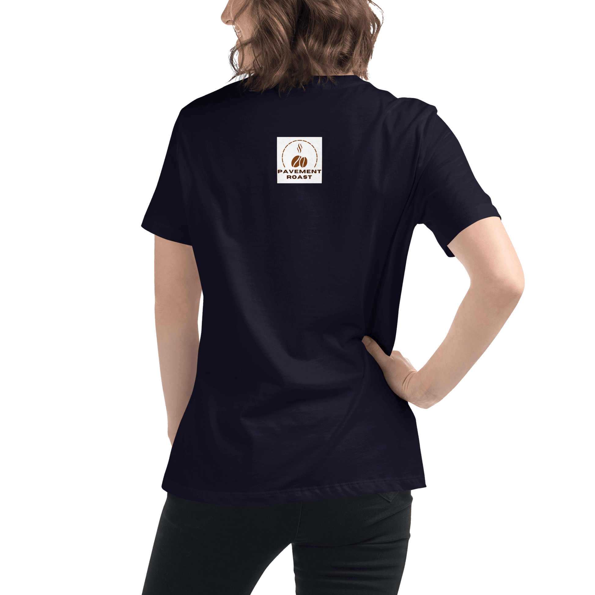 Back view of woman wearing a black Women's Relaxed T-Shirt with a coffee logo, ideal for casual or business casual outfits.