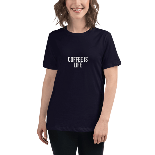 Alt Tag: Woman wearing a relaxed fit t-shirt with 'Coffee Is Life' slogan, perfect for casual or business casual outfits.